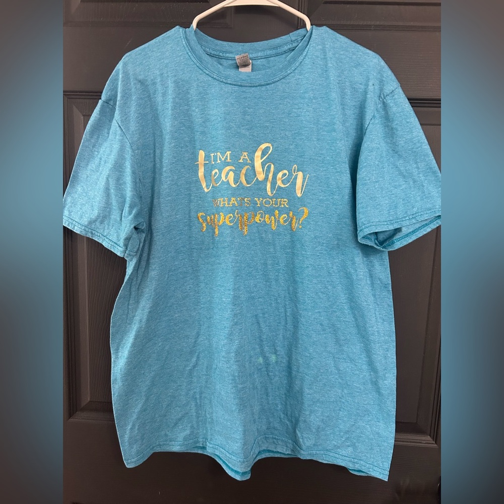 Blue Teacher Shirt with Gold Print